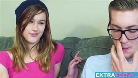 Horny brunette takes thick cum in her mouth